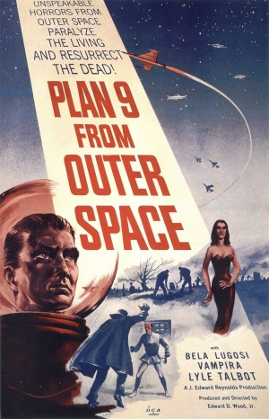"PLAN 9 FROM OUTER SPACE" in large red letters adorns a beam from a night sky containing spacecraft and warplanes. The foreground has the head of a man in a bubble-headed red spacesuit, a caped vampire attacking a victim, a seductive vampiress, and gravediggers at work. Above the title is "UNSPEAKABLE HORRORS FROM OUTER SPACE PARALYZE THE LIVING AND RESURRECT THE DEAD!"; below are "BELA LUGOSI", "VAMPIRA", and "LYLE TALBOT". This movie poster is cheaply printed: the only colors are blue, red, and the yellowed background.